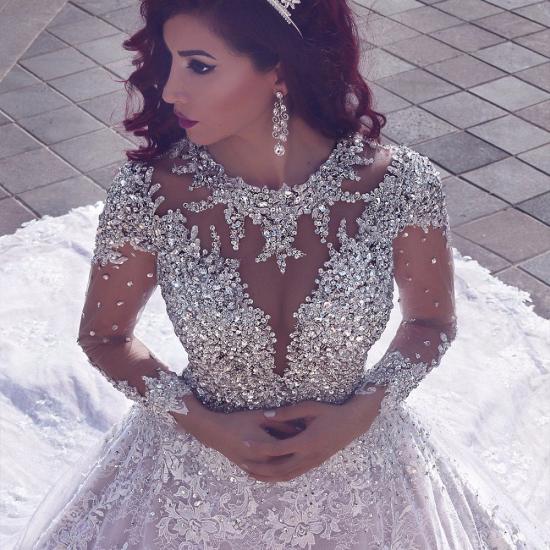 Vintage Luxury Muslim Crystal Beading Cathedral-Train Sheer Lace Wedding Dress_3