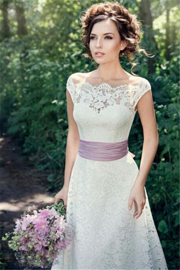 A-line Fulle Lace Outdoor Wedding Dresses Open Back Portrait Bridal Gowns with Lavender Sash