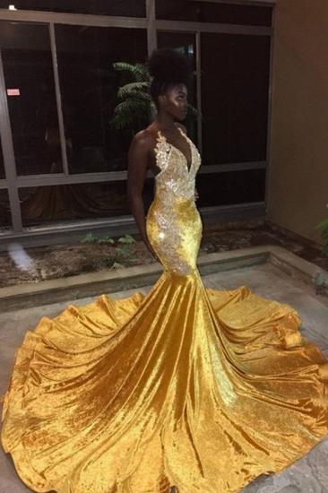 Elegant V-Neck Sleeveless Mermaid Appliques Yellow Prom Dress_2
