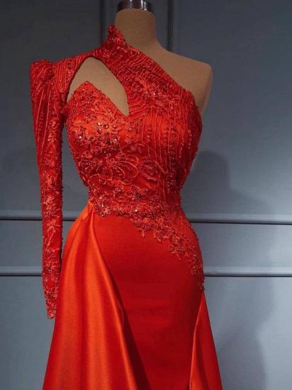 Elegant Red Sleeve Long Evening Dress | One Shoulder Prom Dress_2