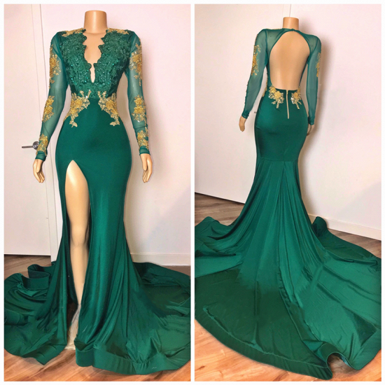 Open Back Sexy Side Slit Green Prom Dresses Long Sleeves On Sale_2