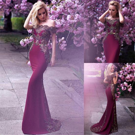 Off The Shoulder Formal Evening Dress Beads Appliques Mermaid Prom Dress with Gold Belt_5
