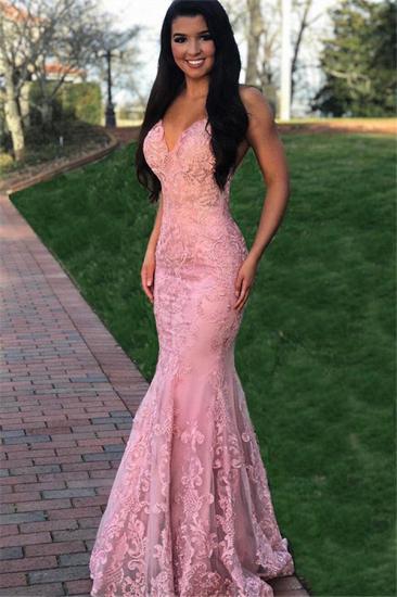Pink Gorgeous Mermaid Sleeveless Lace Applique Prom Dresses