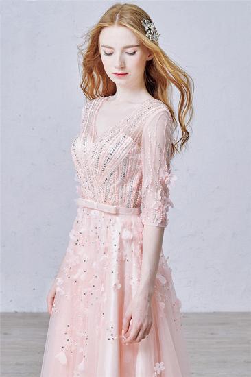 Niedliches rosafarbenes Blumen-Abendkleid mit halben Ärmeln und Perlenstickereien mit V-Ausschnitt und Bowknot-Tüll-Abendkleidern_3