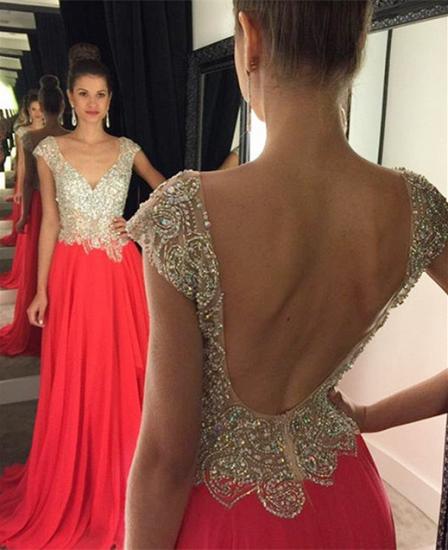 Crystal Plunging Neck Backless Evening Gown New Arrival Short Sleeve Beading Prom Dress_1