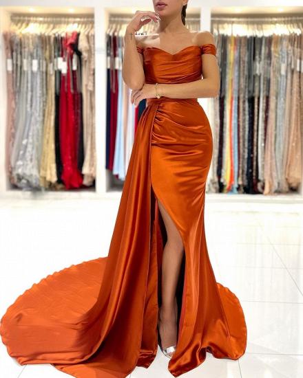 Einfaches schulterfreies Abendkleid mit geteilter Vorderseite | Orange Abendkleid_4