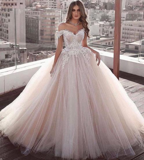 Elegantes Ballkleid aus der Schulter Lace Puffy Tüll Brautkleid Online_2