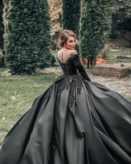 Gorgeous Black Long Sleeves A-line Wedding Dress Lace Appliques_2