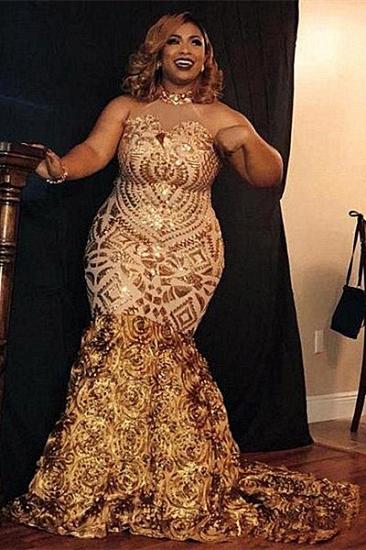 Sparkle Golden Sequined High neck Plus size Mermaid Prom Dress with Flower Train_1