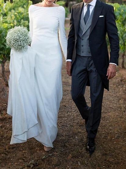 Elegant A-Line Wedding Dresses Off Shoulder Satin Long Sleeve Formal Plus Size Bridal Gowns with Sweep Train