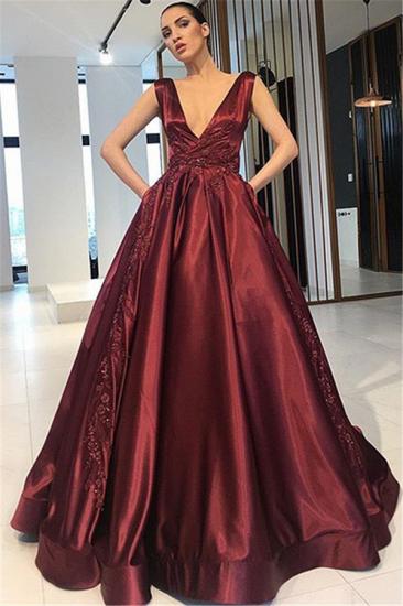 Burgundy A-Line V-Neck Sexy Evening Dresses | 2022 Sleeveless Appliques Prom Dresses