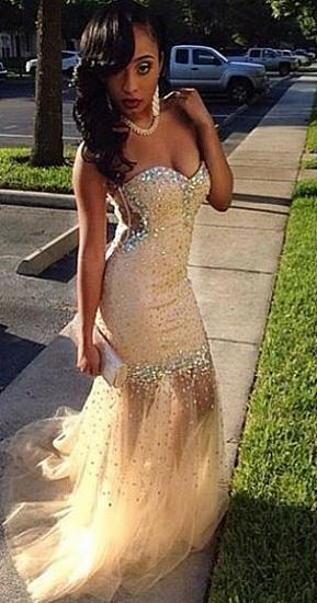 2022 Sweetheart Champagne Prom Dresses Sequins Beads Strapless Tulle Evening Gowns_2