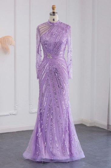 Elegante Abendkleider im Meerjungfrau-Stil mit Stehkragen und langen Ärmeln, Perlenstickerei und Kristallschärpe_6