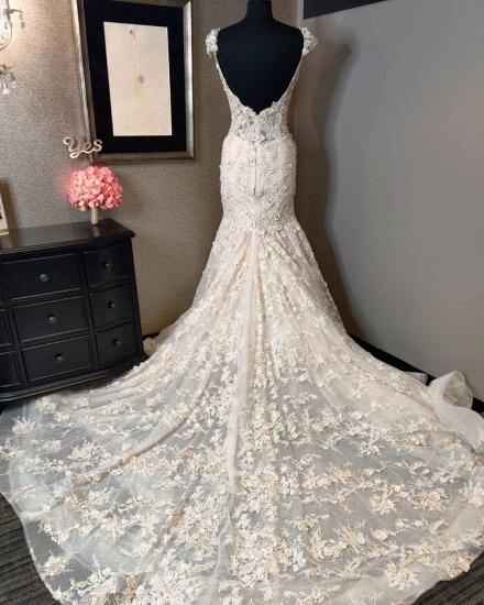 Stunning Mermaid Slim Wedding Gown Cap Sleeves Floral Lace Appliques_2