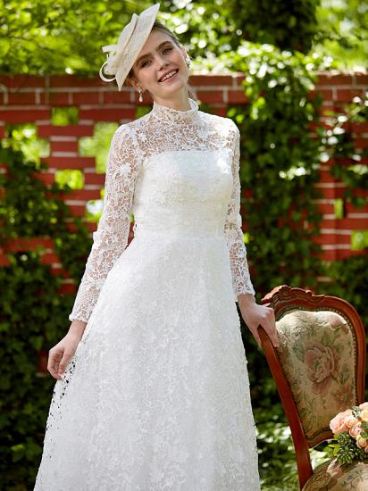 Illusion A-Line Wedding Dress Floral Lace Long Sleeve Bridal Gowns Court Train_9
