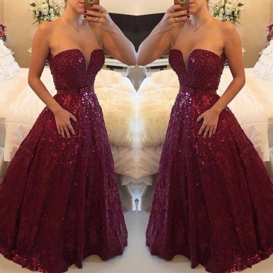 A-Line Burgundy Sweetheart Crystal Evening Dress with Beadings Open Back Floor Length Prom Gowns_3