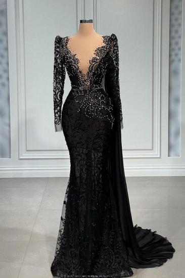 Elegant Evening Dresses With Sleeves | Black lace prom dresses_1