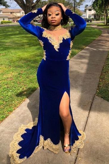 Velvet Long Sleeve Mermaid Evening Gowns Side Split Gold Apliques Prom Dress Royal Blue