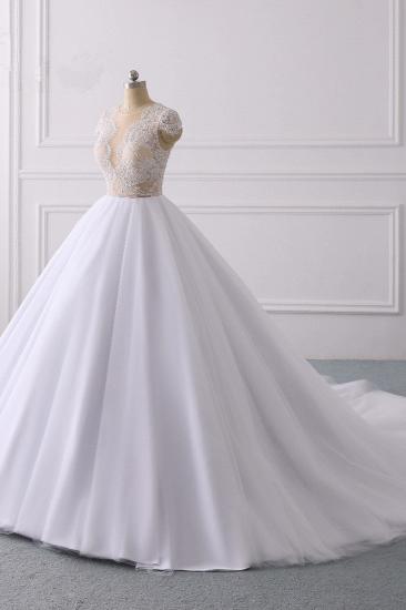 Elegant Cap sleeves V-neck White Ball Gown Lace Wedding Dress_3