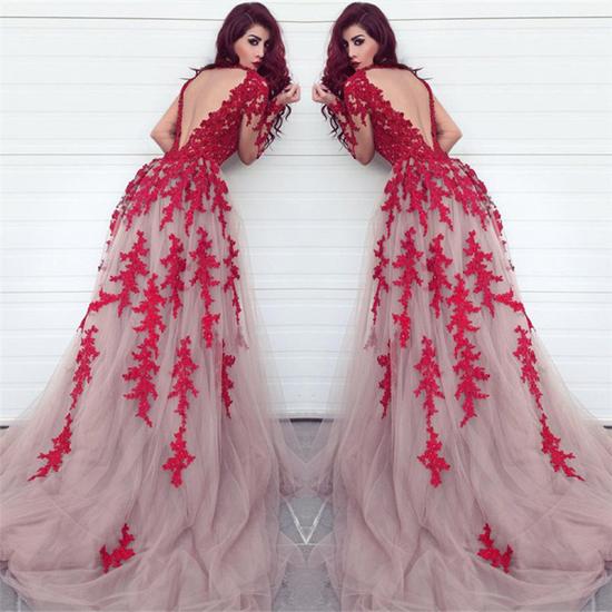 Long Sleeve Lace Appliques Red Evening Dresses Open Back Sexy Prom Dress 2022 Cheap_3