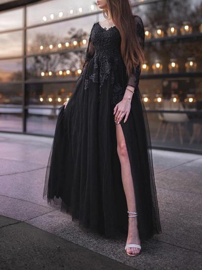 Long sleevels v-neck black a-line high split prom dress_3