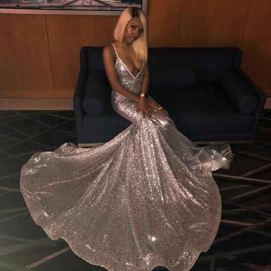 Spaghettiträger Shiny Silver Sequins Prom Dresses Sexy | V-Ausschnitt hinten offen Günstige Abendkleider 2022_3