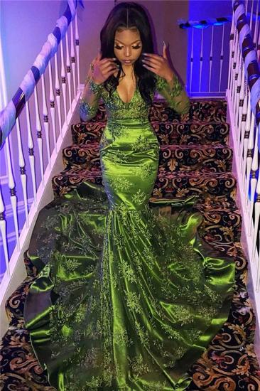 Cheap Long Sleeve Lace Green Prom Dresses for Juniors | Sexy V-neck Mermaid Evening Gowns