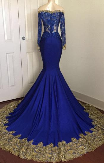 Off The Shoulder Royal Blue Prom Dresses | Gold Lace Appliques Sexy Evening Dress with Sleeve_4