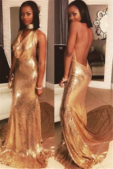2022 Halter Backless Sequins Prom Dresses Sexy | Gold Sequins V-neck Evening Gown with Long Train