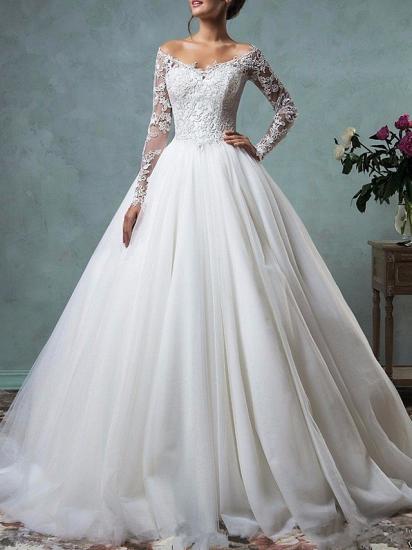Formal Plus Size A-Line Wedding Dress Off Shoulder Floor Length Tulle Long Sleeves Bridal Gowns