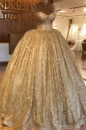 Spaghetti Straps Gold Beaded Lace Evening Dress | Luxury Ball Gown Princess Open Back Prom Dress_4