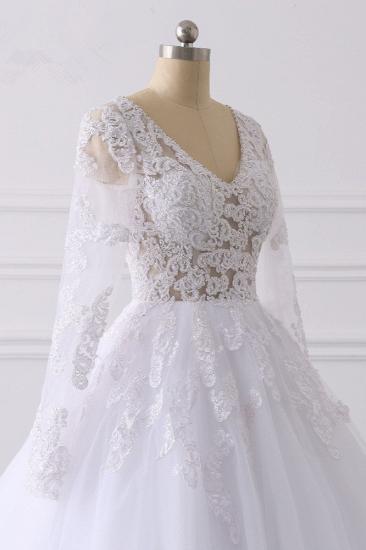 TsClothzone Elegantes Brautkleid mit V-Ausschnitt und langen Ärmeln, weißes Tüll, Spitzenapplikationen, Brautkleider im Angebot_6