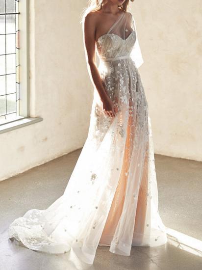Sexy A-Line Wedding Dresses Sweetheart Lace Sleeveless Bridal Gowns Wedding Dress in Color See-Through Court Train