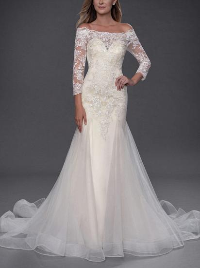 Mermaid Wedding Dress Off Shoulder Lace Tulle 3/4 Length Sleeve Bridal Gowns Simple with Chapel Train