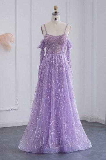 Stunning Spaghetti Straps Fur Beadings Floor-Length Evening Party Dress with Sequins