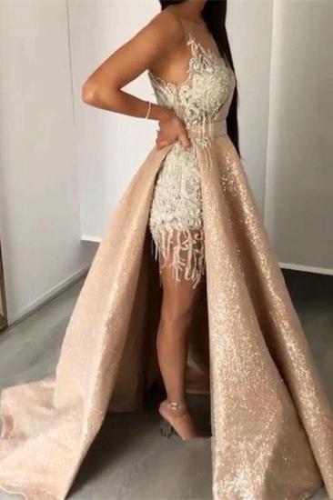 Gorgeous Lace Appliques Crystal V Neck Spaghetti Straps Prom Dresses With Detachable Skirt_1