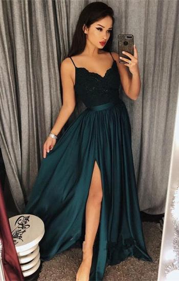 Dark-Green Spaghetti-Straps Prom Dress | Lace Evening Gowns With Slit_1