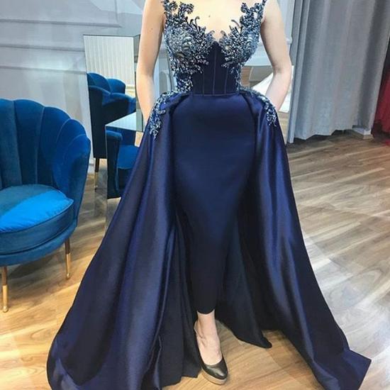 Sexy Dark Navy Sheath Prom Dresses 2022 | Sleeveless Appliques Beads Long Evening Dresses with Pockets_3