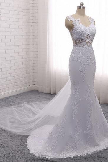 TsClothzone Stylish Jewel Mermaid Lace Appliques Wedding Dress White Sleeveless Beadings Bridal Gowns with Overskirt On Sale_5