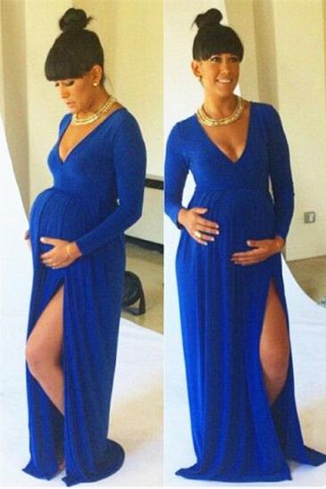 Neueste Sexy Umstandskleider Spandex V-Ausschnitt Königsblau Babyparty Langarm Schwangere Kleider