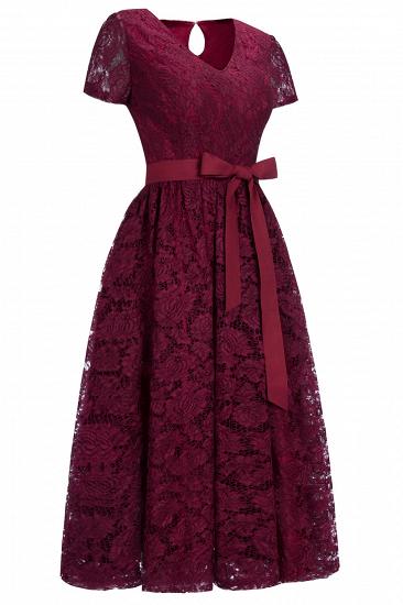 Burgundy Short Sleeves Flower Lace V-neck Dresses with Sash_5