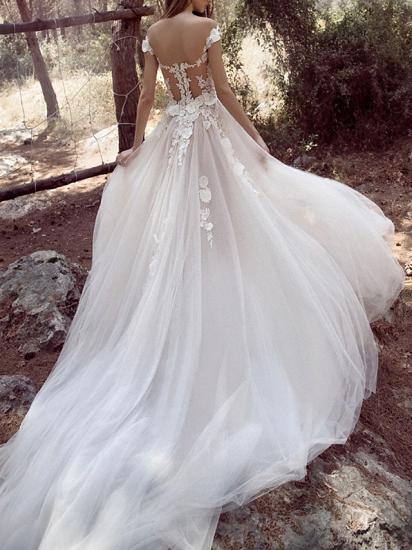 A-Line Wedding Dress V-neck Lace Tulle Cap Sleeve Bridal Gowns with Court Train_2