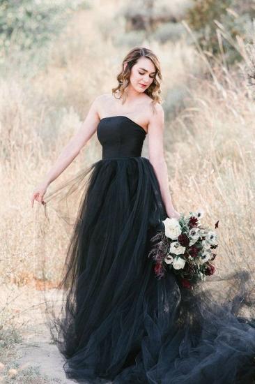 Strapless Boho Black Tulle Wedding Dress Aline Bridal Dress_4