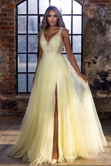 Cheap Yellow Long V-Neck Prom Dress Evening Dress_1
