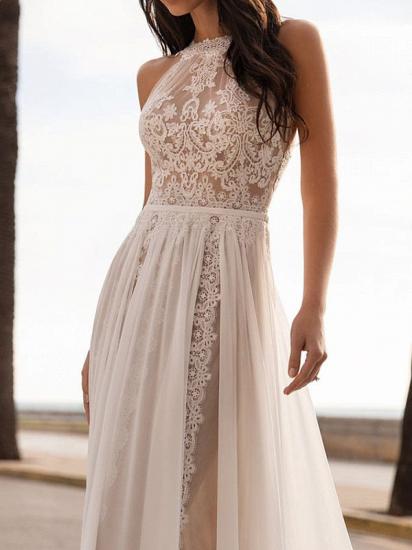 Gorgeous Halter Chiffon Zipper A-Line Wedding Dresses With Lace Appliques_3