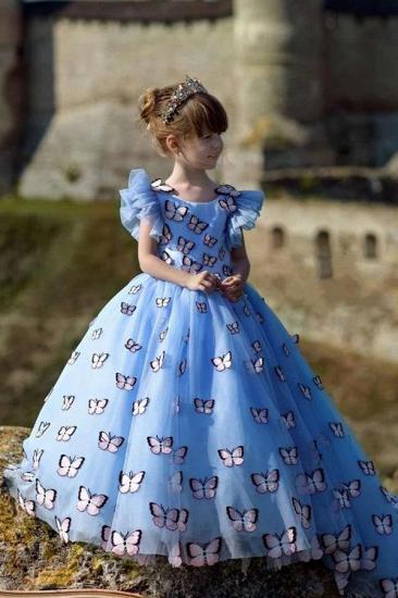 Chic Jewel Cap Volant Ärmel Puffy Flower Girl Kleider mit handgemachten Schmetterlingen | Langes Mädchen Festzug Kleid_2