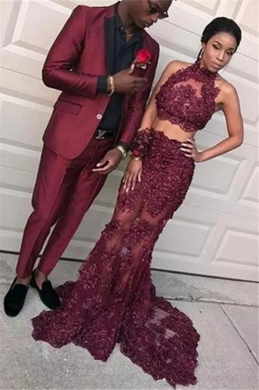Burgundy Two Pieces Tulle Appliques Prom Dresses 2022 Mermaid Sleeveless Evening Dresses_1