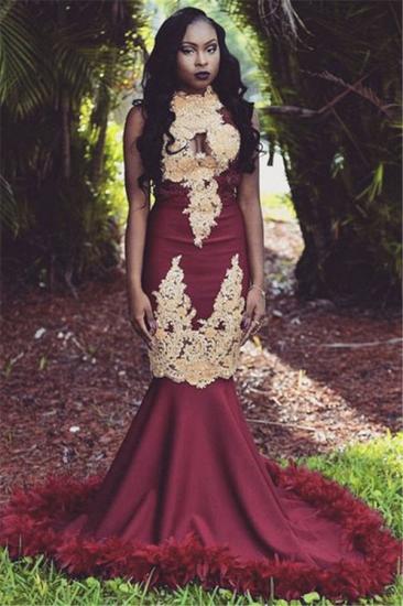 Luxury Burgundy Feather Prom Dresses Online | Sleeveless Mermaid High Neck Lace Long Evening Dress_1