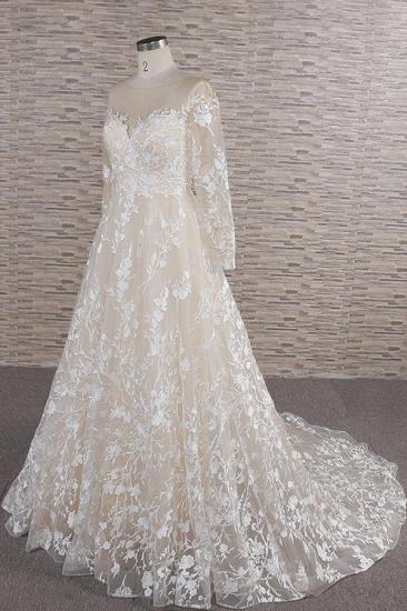 Glamorous Jewel Longsleeves Champagne Wedding Dress | A-line Lace Bridal Gowns With Appliques_4