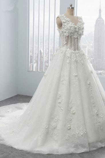 TsClothzone Glamouröses Tüll-Hochzeitskleid mit V-Ausschnitt und Blumenapplikationen, ärmellose Perlenstickerei, Brautkleider Online_4